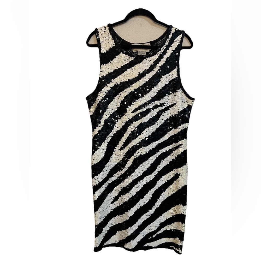 VTG Adrienne Vittadini Black & White Zebra Printed Sequined Midi Dress M READ